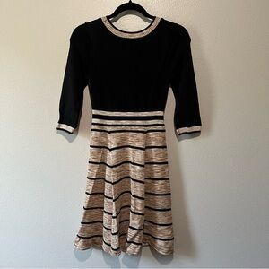 EVA LONGORIA- NEW A line Skirt Striped Dress with Sleeves in Brown and B…